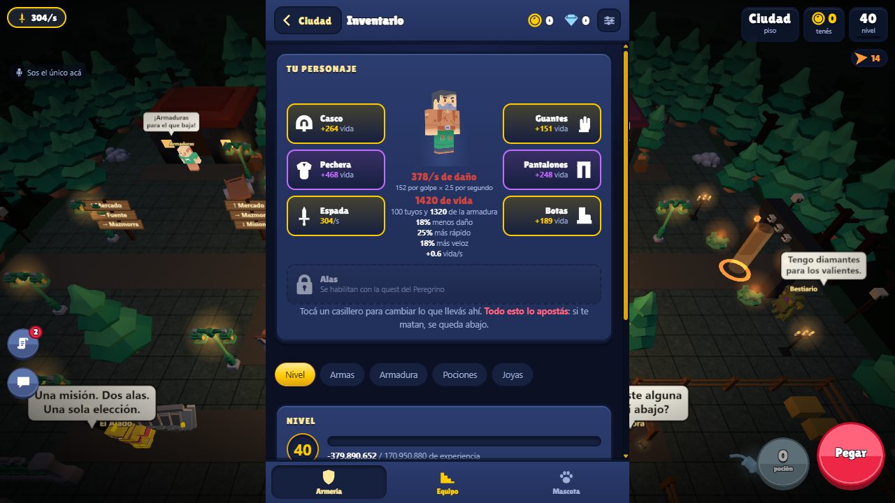 El inventario con armas y armaduras